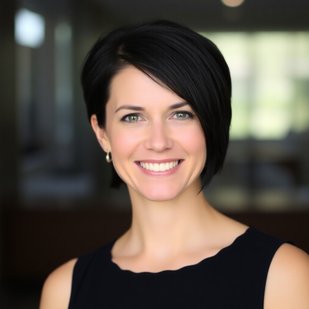 Headshot of a smiling woman with short dark hair