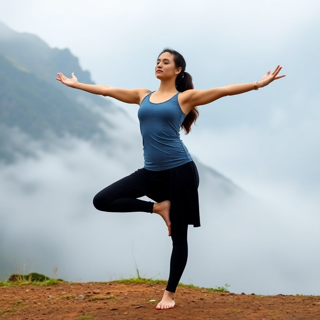 Woman performing a graceful yoga pose with arms extended, balancing on one leg against a misty British countryside backdrop