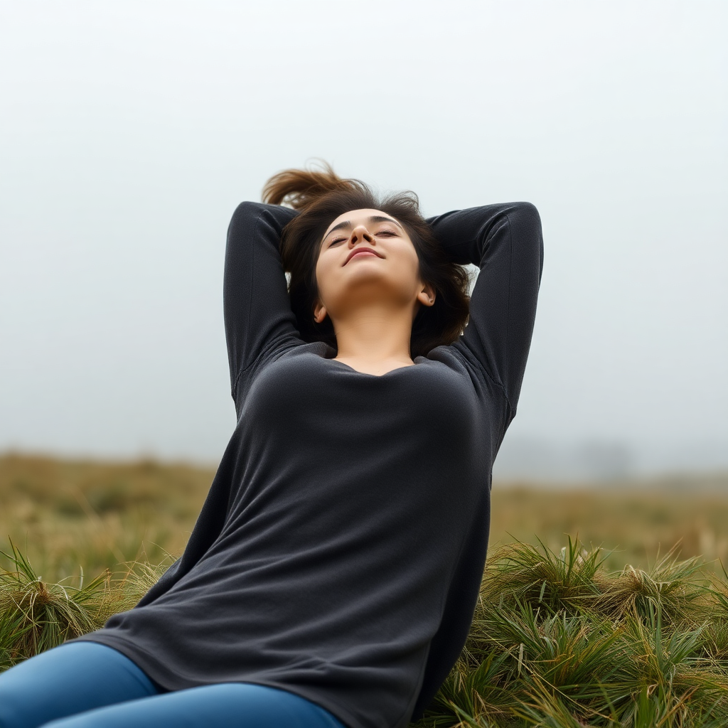 Woman lying on her back in a relaxation pose on a misty British countryside background